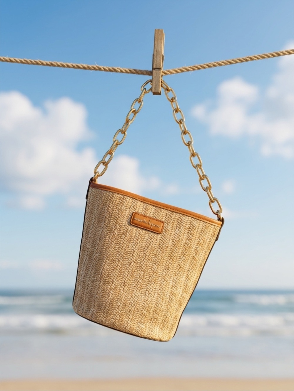 Nanette Lepore Woven Straw Bucket Bag with Gold Chain